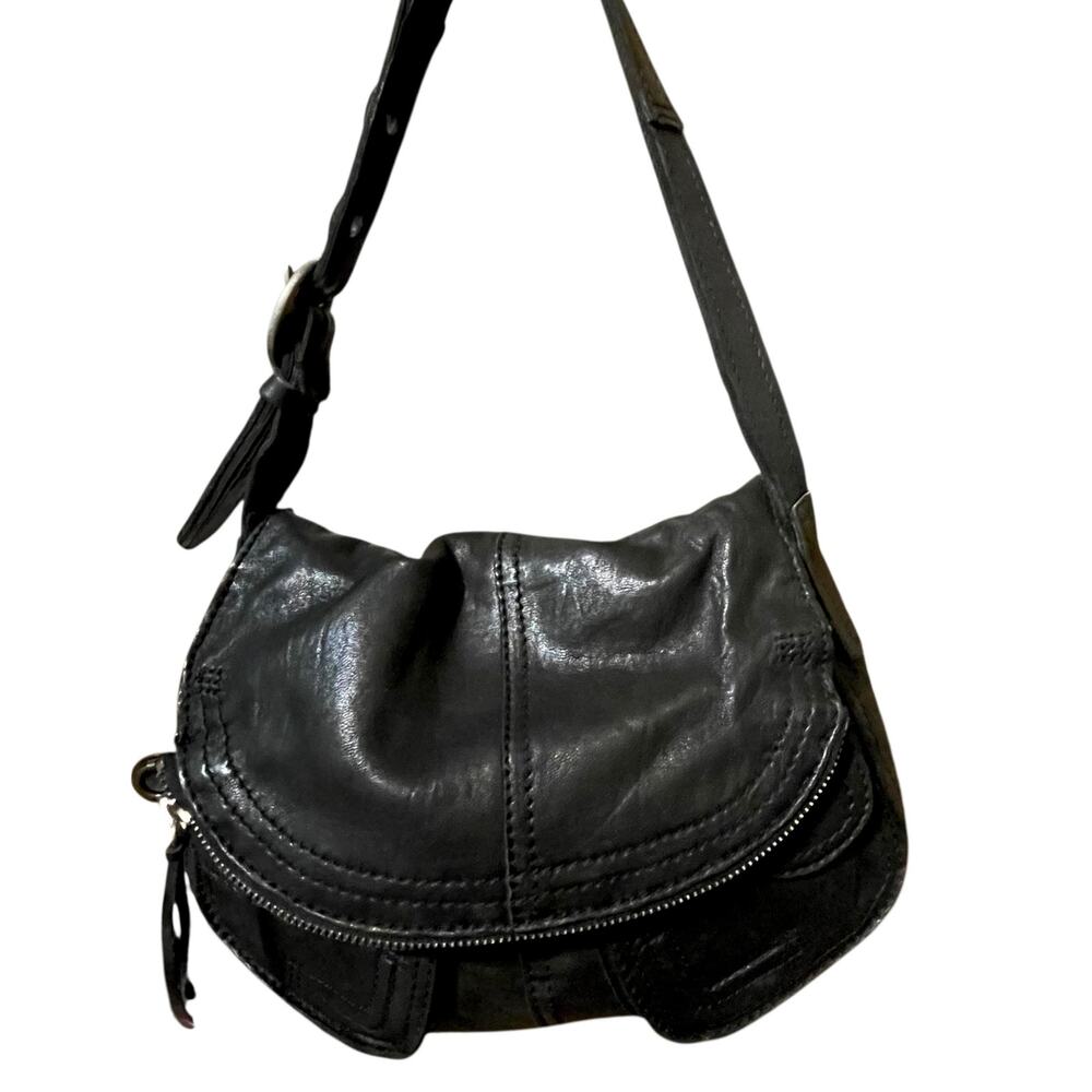 Lucky Brand Stash Hobo Bag Black Lambskin Leather Vintage Fold-over Style EUC